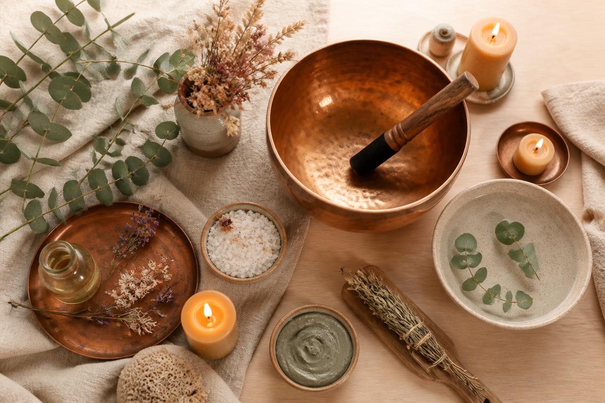 Elementos naturales para un ritual sensorial de spa: cuenco de cobre, eucalipto, velas y textiles